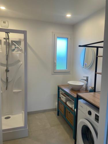 a bathroom with a sink and a washing machine at Maisonnette cosy proche de la côte in Lesneven