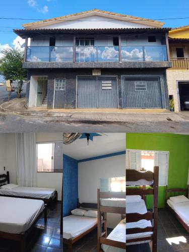 two pictures of a house with beds in front of it at Casa temporada RA capitolio in Capitólio