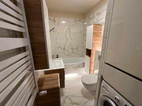 een kleine badkamer met toilet en wastafel bij Apartament Dębowy Stół in Rzeszów