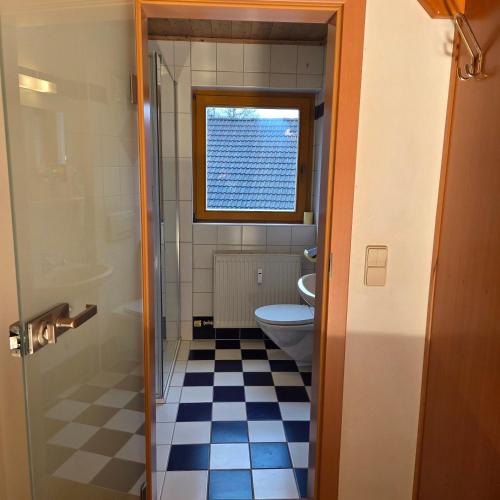 a bathroom with a toilet and a window at Merlschober, Ferienwohnung 8, Ossiacher See in Ossiach