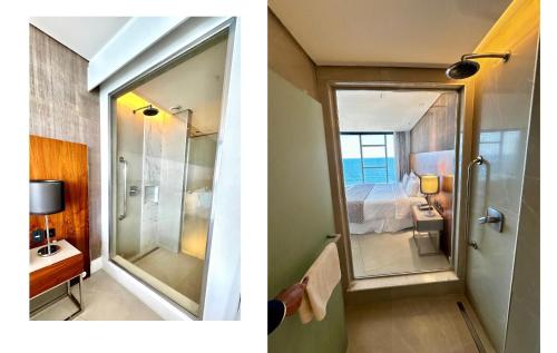 a bathroom with a shower and a bathroom with a bedroom at Hotel Nacional in Rio de Janeiro