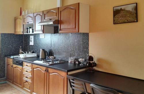 a kitchen with wooden cabinets and a black counter top at Hostel Zamość - pokoje gościnne - bezpłatny parking in Zamość