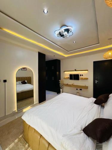 um quarto com uma cama grande e um espelho em Luxury apartment em Enugu