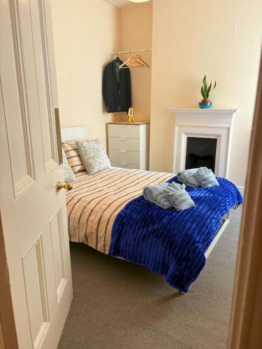 a bedroom with a bed with blue sheets and a fireplace at Effra Mansions in London