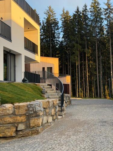 uma casa com uma parede de pedra e uma entrada em Chalet Velvet by Fomich em Palyanytsya