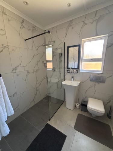 Un baño con ducha, inodoro y lavabo. en Chadelles, en Sedgefield