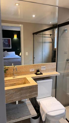 a bathroom with a sink and a toilet and a mirror at Pousada Canto do Camburi in Camburi