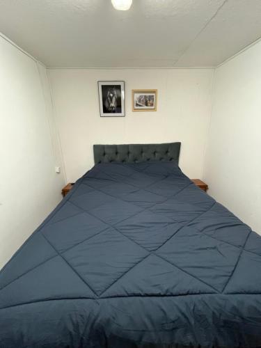 a bedroom with a blue bed with two pictures on the wall at Habitación independiente con baño privado in Cochrane