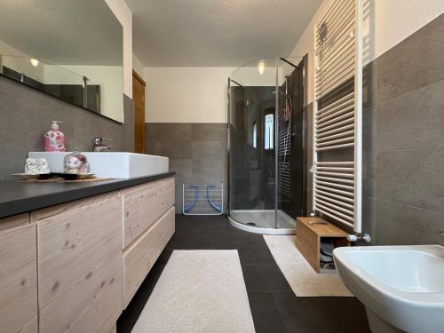 a bathroom with a shower and a sink and a tub at Suite Panorama in Valdisotto