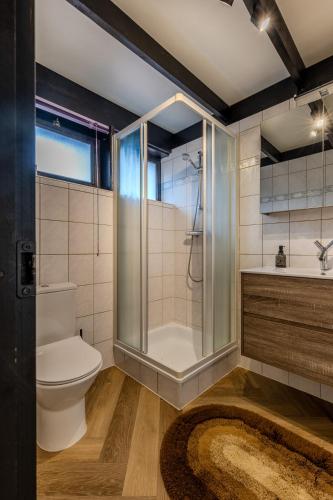 a bathroom with a toilet and a shower at Lux Bos Chalet in Lanaken