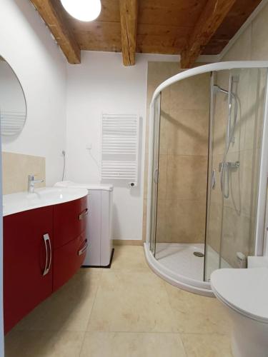 un baño con ducha y lavabo en Le Parmelan - Sur la route d'Annecy, en Alby