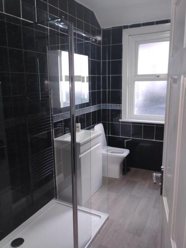 a bathroom with a toilet and a glass shower at Caminetto in Croydon