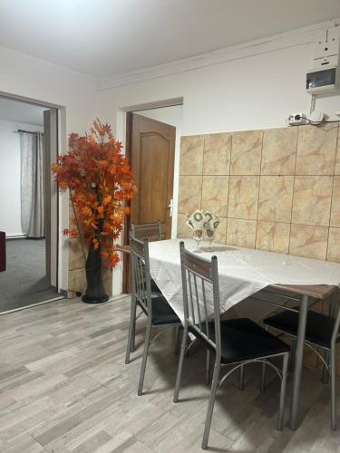 una sala da pranzo con tavolo, sedie e vaso di Nova Montan Azuga ad Azuga