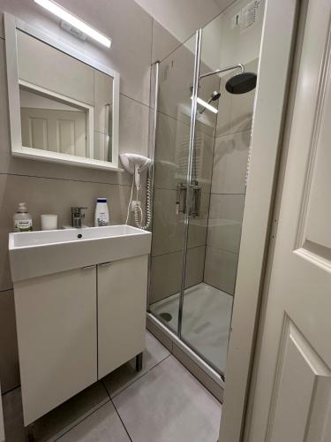 a bathroom with a shower and a sink and a mirror at Wien West Home in Vienna