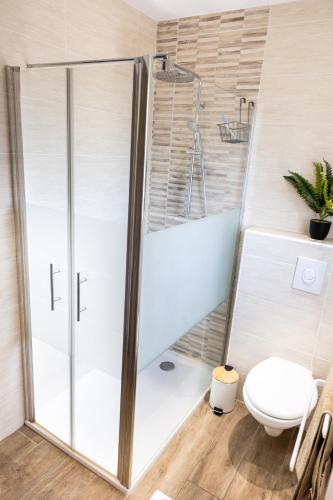 a bathroom with a shower and a toilet at villa boileau in Sérignan
