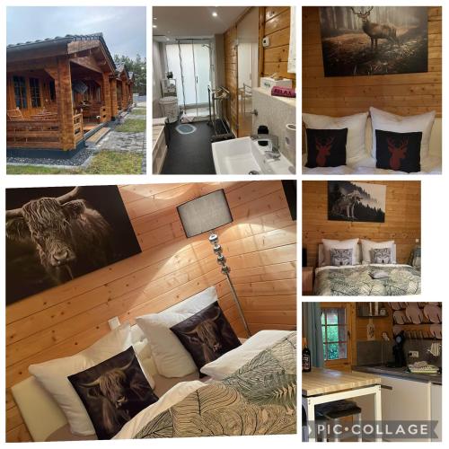 a collage of four pictures of a room with a bed at Relax Hütten & Spa Gröden in Groeden
