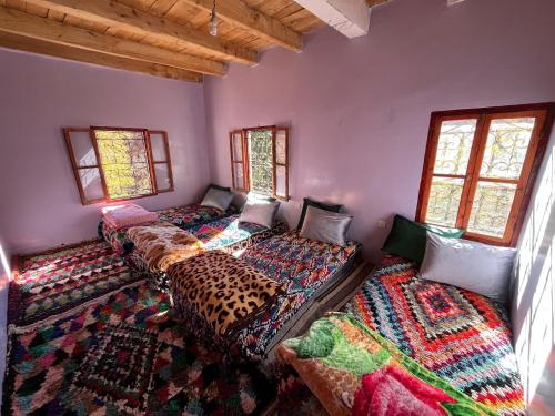 a room with four beds in a room with windows at Gite Megdaz Ouhadouch in Megdaz