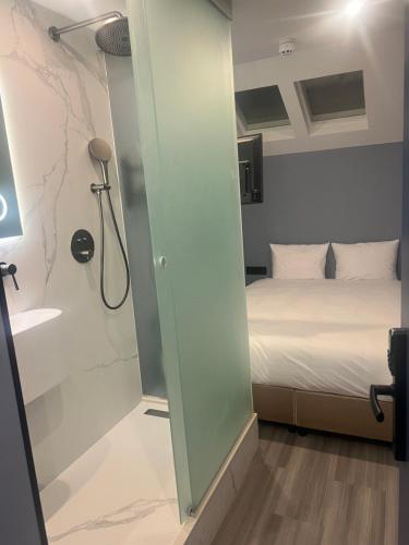 ロッテルダムにあるThe Hyve Budget Hotel Rotterdamの部屋にはシャワーとベッド付きのバスルームがある