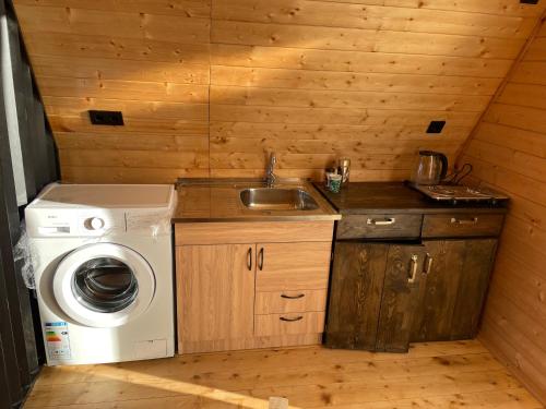 Sunset Cottage Busheti : مطبخ صغير مع مغسلة وغسالة ملابس
