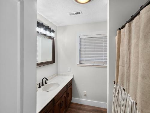 un bagno bianco con un lavandino e una finestra di Blindfrog a Scottsboro