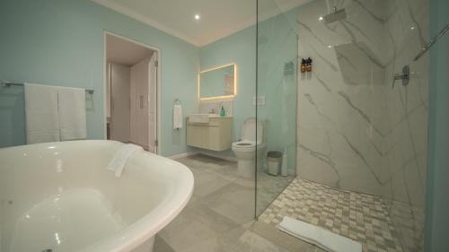 een badkamer met een bad, een toilet en een douche bij Swallows Rest - Benguela Cove in Hermanus