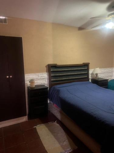 a bedroom with a blue bed and a night stand at Departamentos Merceditas in San Rafael