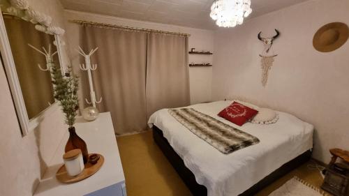 een slaapkamer met een bed met een rood kussen erop bij Do you like peace and silence in Tervola