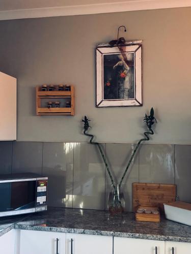 una cocina con un jarrón con una planta en un mostrador en Graceful Getaway Home, en Rundu