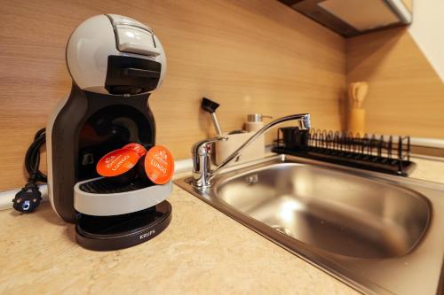 a coffee maker sitting on a counter next to a sink at Blue Nest Studio - Free Parking and Mountain View in Razlog