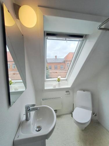 a bathroom with a sink and a toilet and a window at Charming 1-bedroom Apartment A in Hjørring