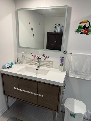 a bathroom with a sink and a mirror at Appartement Cool à Longueuil Plan A in Longueuil