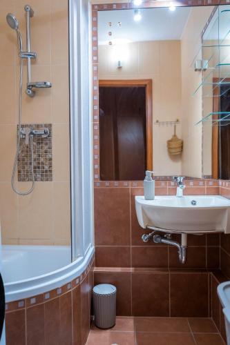 a bathroom with a sink and a shower and a tub at The GOR Apartment in Kecskemét