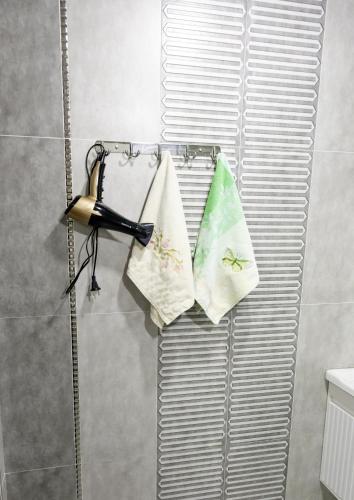 にあるSkyGate Guesthouseのバスルームのタオル掛けにタオルが2枚掛けられている
