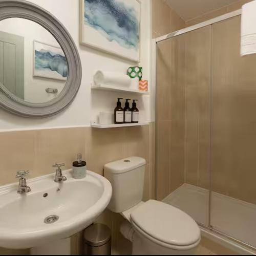 a bathroom with a toilet and a sink and a shower at Bed on the Brae in Inverness