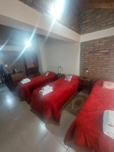 two beds in a room with red covers on them at Emilia I in Esquel