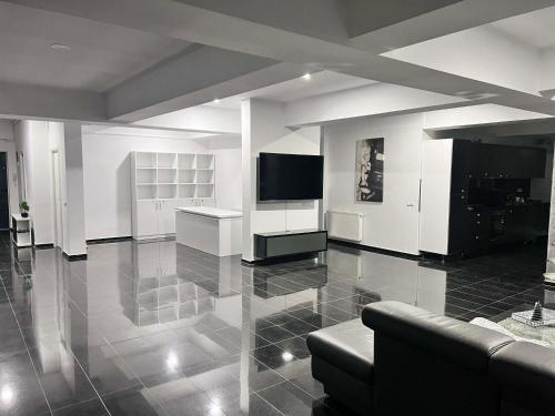 a living room with a couch and a flat screen tv at Sky17 Penthouse Sibiu in Şelimbăr