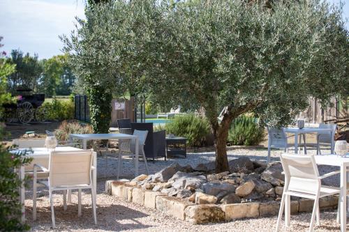 a group of chairs and tables under a tree at B&B Maison d'hôte et gite Mas d'Eymard in Arles