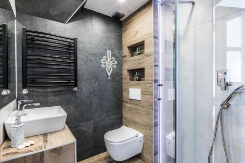 een badkamer met een toilet, een wastafel en een douche bij Willa u Baranów 2 in Zakopane