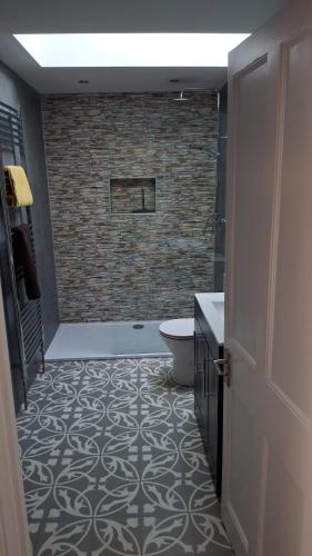 a bathroom with a shower and a toilet and a tile floor at Charming tree top cottage overlooking River Teifi in Cilgerran