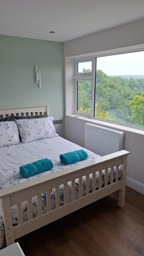 a bedroom with a bed with pillows and a window at Charming tree top cottage overlooking River Teifi in Cilgerran