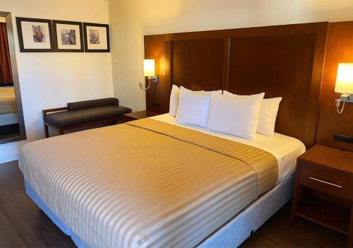 a hotel room with a large bed and a chair at Valley Inn in Phoenix