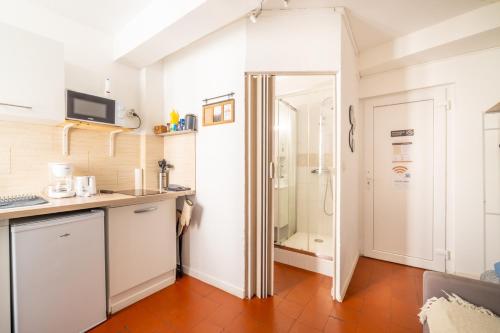 a kitchen with a sink and a shower in a room at Studio cosy et lumineux Centre de Beaucaire - cocon 3 in Beaucaire