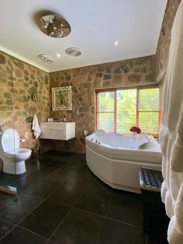a bathroom with a tub and a toilet and a sink at Willow Weir River Cottage in Dullstroom