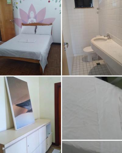 drie foto's van een kamer met een bed en een badkamer bij Pousada & hostel Guedes in Salvador