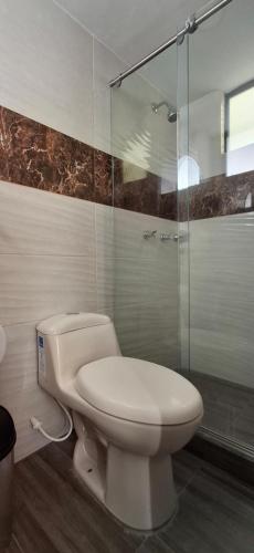Un baño con inodoro y ducha de cristal. en Hotel San Marcos Las Lajas, en Ipiales