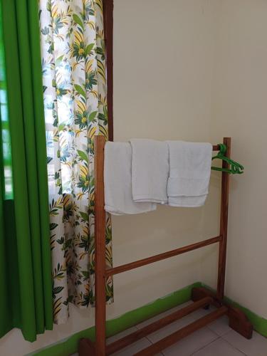 a towel rack in a bathroom with a shower curtain at Calitang Pearl Cottage in Nacpan