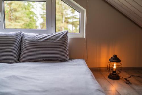 a bedroom with a bed with a window and a lamp at Ciemzeres 2 in Engure