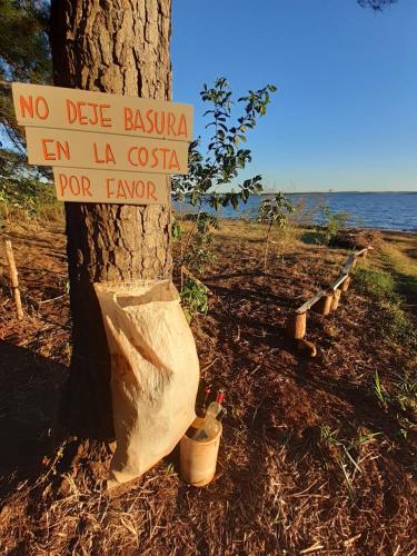 a tree with a no dice basin sign on it at Espacio Benignia in Puerto Libertad