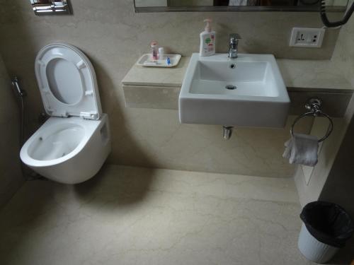 a bathroom with a toilet and a sink at Astoria Hotel in Mumbai