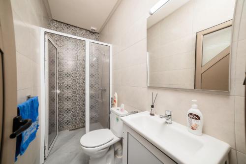 イムスワンにあるjaws wave imsouaneのトイレ、洗面台、シャワー付きのバスルーム